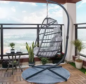 Hanging Egg Chair with Stand - Indoor Outdoor Patio Wicker Rattan Lounge Chair with Stand, Steel Frame. UV Resistant Washable