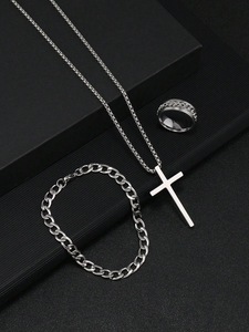 Hip Hop 18K Plaqué Or En Acier Inoxydable Croix Pendentif Collier De Mode Hommes Croix Pendentif Collier Bracelet Anneau Ensemble De Bijoux - Product Image 5