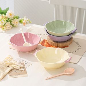 Tazones de cerámica estilo crema con esmalte de color, aptos para microondas, de alto valor estético, para sopa, yogur y desayuno, con doble asa, ideales para cumpleaños. - Product Image 1