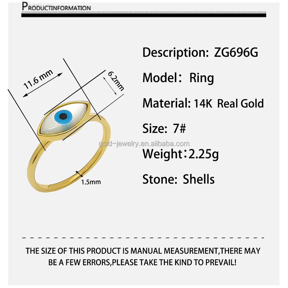 חדש הגעה AU585 14K זהב תכשיטי פגזים רעה אצבע עיניים טבעות לנשים