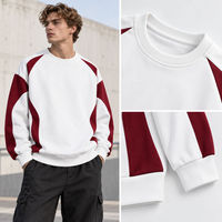 Sweat-shirt unisexe oversize à col rond, blanc et bordeaux, avec empiècements color block, en maille épaisse, personnalisable avec logo OEM
