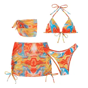4 개 넥타이 염색 프린트 섹시 패션 디자인 비키니 드레스 여성 수영복 비치웨어 2023 수영복 수영복 세트