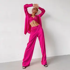 Großhandel Pink 3 Stück Set Luxus solide in voller Länge Polyester Spandex Satin Schlaf kleid Seide Kimono Seide Frauen Nachtwäsche