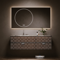Meuble-lavabo mural de luxe en bois massif avec dessus en marbre naturel, lavabo en céramique, miroir LED intelligent, design flottant