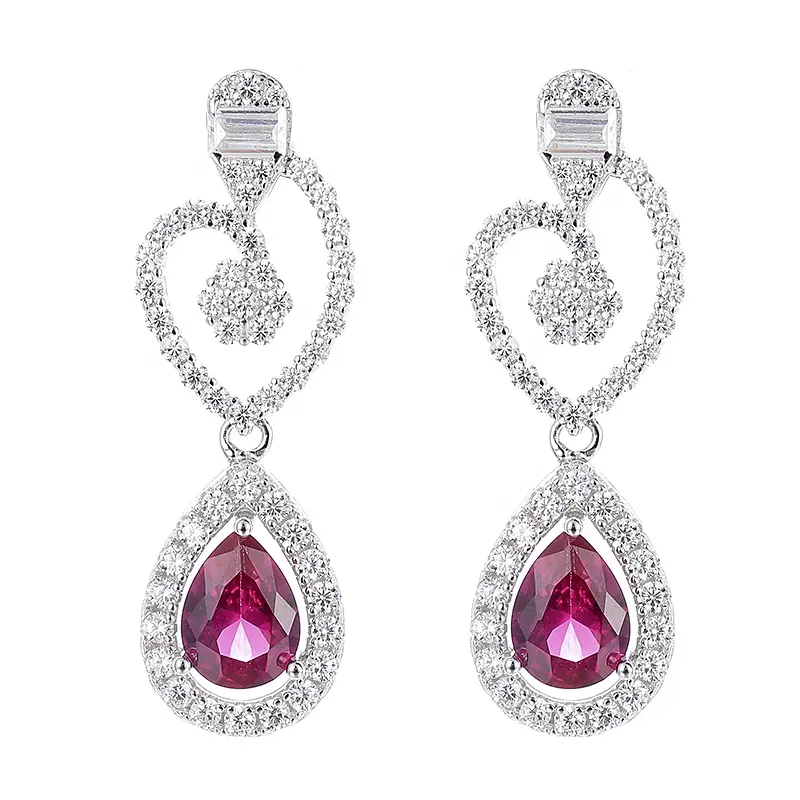 Nouvelle Mode Lumière De Luxe Plaqué Rhodium 925 En Argent Sterling Designer 5A Rouge Zircon Goutte Lustre Boucles D'oreilles Pour Les Femmes De Mariage