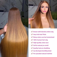 Peluca frontal con cierre de encaje HD sin pegamento, color marrón ombré con rubio miel, cabello humano original vietnamita virgen SDD liso.