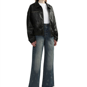 OEM High Quality Long Sleeve Crackled Leather Round Neck Zip <strong>Fly</strong> <strong>Men</strong> <strong>Jacket</strong> - Product Image 4