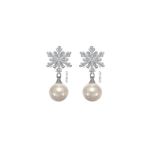 Orecchini pendenti a fiocco di neve in oro bianco E2477 con perla coltivata rotonda AAA per matrimonio, stile classico da donna - Product Image 1
