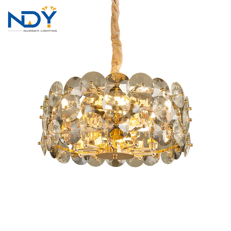 European Style Smoke Grey Dining Room Golden Ceiling Pendant Lamp Crystal Led Chandelier Light