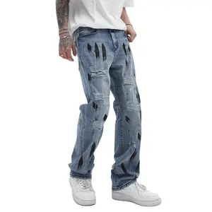Spray Painted Rag With Holes Men Jeans Denim Tapered Custom Baggy Jeans Quality Jeans