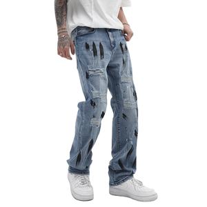 <span class=keywords><strong>Trapo</strong></span> pintado con aerosol con agujeros Hombres Jeans Denim Tapered Custom Baggy Jeans Quality Jeans - Product Image 1