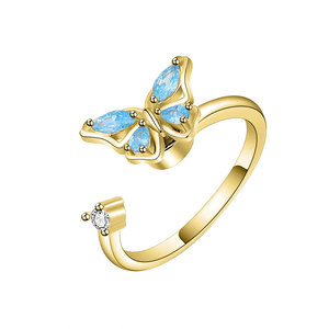 Bague Papillon Tendance pour Couple, Zircon Bleu, Vente en Gros, Cuivre Plaqué Or, Fidget Spinner Anti-Stress, Bijou Cadeau pour Femme - Product Image 1