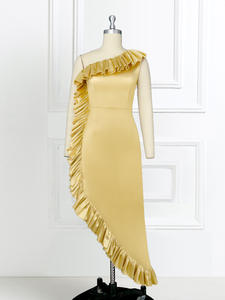 Ruffles Sleeveless Party Gold Shiny Slit Vestidos irregulares de baile para mujer - Product Image 3