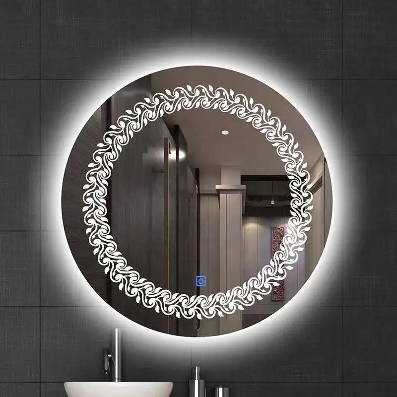 Smart Super White Glass Led Light laser Bathroom Makeup Mirror Touch Sensor Switch Multi-function mirror with laser pattern