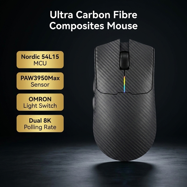 Wireless 2.4GHz Ergonomic Gaming Mouse PAW3950 Sensor 26000 DPI 6 Buttons USB Receiver Type-C Cable Composite Carbon Fiber OEM