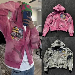 Custom Double Zipper Hoody Distressed Embroidery Applique Patch Streetwear Sun Faded Acid Wash Zip Up Rhinestone Hoodie For Men