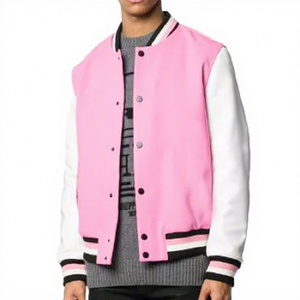 Chaqueta Bomber Letterman Rosa con Mangas Blancas, Exterior de Mezcla de Lana, Brazos de Cuero Sintético, Puños Acanalados Negros y Blancos, Estilo Casual Urbano - Product Image 1