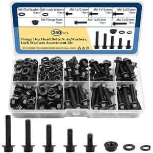 M6 <b>Flange</b> Head <b>Bolt</b> Nut Washer Kit 12 16 20 25 30mm 240pcs Black Steel Construction Grade A - Product Image 2