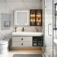 Ensemble de meuble-lavabo de salle de bain en dalle de pierre intégrée sans joint, style luxe léger, avec lavabo mural