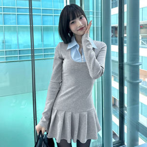 Vestido Mini Plisado con Cuello Color Block Estilo Preppy Coreano para Mujer, Manga Larga, Diseño de Dos Capas, Botones al Frente, Corte Ajustado, Estilo Colegiala - Product Image 3