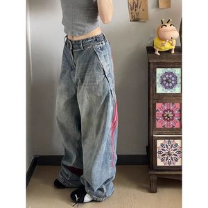 กางเกงยีนส์ผ้าฝ้ายทรงหลวมสไตล์อเมริกันย้อนยุคของ Hiromi สำหรับผู้หญิง คอลเลคชั่นฤดูใบไม้ผลิ/ฤดูใบไม้ร่วง ปี 2025 ลายทางเย็บต่อแบบใหม่ ทรงตรงขากว้าง - Product Image 4