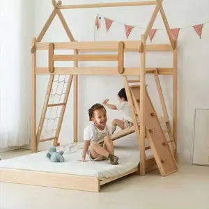 Kids Montessori House Bed Wooden Bunk Bed With Playhouse Gym Climbing Frame