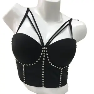 New Custom Women's Cami Tube Top Wholesale Black Rhinestone Spaghetti Strap Bustier with Underwire Push-Up Support ODM