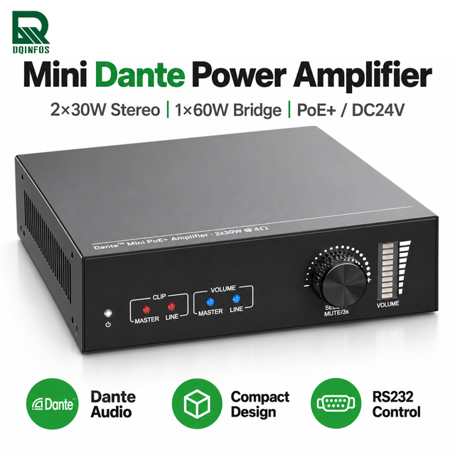 DQINFOS Mini 2-Channel 2x30W Stereo Analog Black Portable Metal Power Amplifier with RCA Output 24V DC/PoE+ for Classrooms