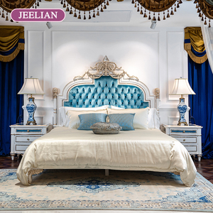 Cama Doble Xingchen Azul con Revestimiento de Madera Maciza con Incrustaciones de Chapa de Madera, Estilo Francés Moderno, para Dormitorio Suave de Villa, para JEELIAN, Dormitorio de Estilo Francés Moderno - Product Image 1