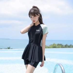 Newq Women's One Piece Swimwear Color <b>Block</b> Sporty Conservative Swim Dress With Shorts For Beach Vacation - Product Image 2