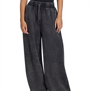 Pantalones Deportivos de Felpa para Mujer, Color Gris Oscuro, Pierna Ancha, Cintura Alta con Cordón, Corte Holgado Informal, Largos, Color Sólido, para Otoño - Product Image 1