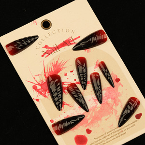 Set de <span class=keywords><strong>Manicura</strong></span> Francés de 24 Piezas para Halloween, <span class=keywords><strong>Uñas</strong></span> Postizas <span class=keywords><strong>Largas</strong></span> en Forma de Almendra, Adhesivo para <span class=keywords><strong>Uñas</strong></span>, Degradado Rojo-Negro, Acrílico Brillante, Gel Suave - Product Image 2