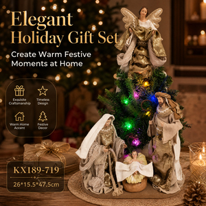 Figurines en résine de la Sainte Famille avec ange, sapin lumineux à LED et crèche de Noël, centre de table - Product Image 4