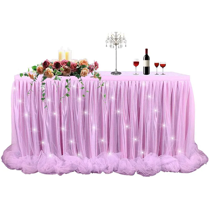 Saia de mesa de rosa de 9ft, capa de led de tule, tutu, saia de mesa