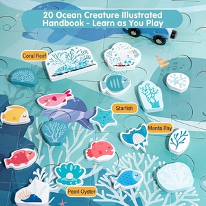 Ensemble de train maritime en bois avec <span class=keywords><strong>canne</strong></span> à pêche magnétique, bateau, pont, baleine, corail, créatures marines, tapis de jeu vagues bleues, jouet pour enfants - Product Image 1