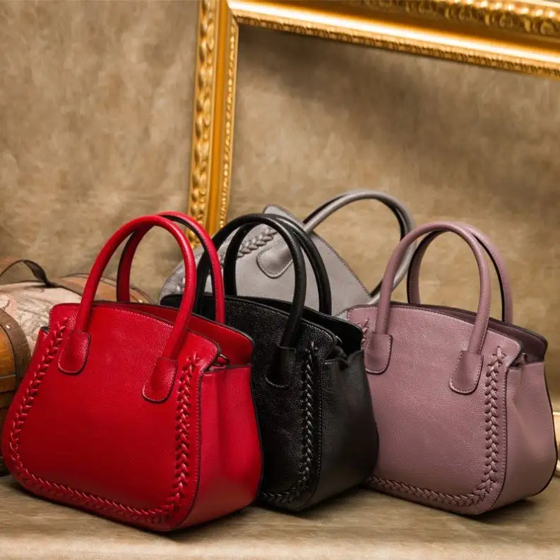 New Fashion Designer Woman Handbag Custom Lychee Print Leather Pure Color Handle Bag Lady Tote Genuine Shoulder Bag