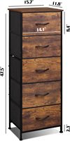 WLIVE Commode haute à 5 tiroirs en MDF, finition grain de bois brun rustique, avec cadre en acier et bacs en tissu, organisateur de rangement pour chambre et placard