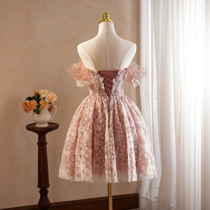 Pink Off The Shoulder Evening Gown Empire Waist 3D Floral Lace Vintage Style For Banquet Party Dress - Product Image 3