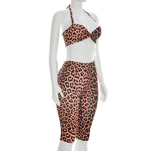Viviblook D26ST059 Women Summer Streetwear Two Piece <b>Set</b> Leopard Print Halter Crop Top Skinny Shorts Matching <b>Set</b> for Ladies - Product Image 3