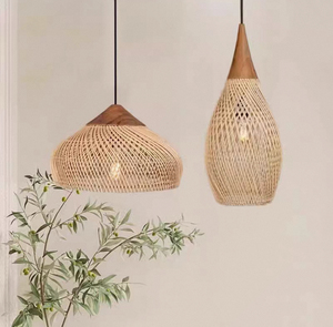Cina produttori di bambù per interni tessitura di <span class=keywords><strong>vimini</strong></span> luce retrò rotonda in legno Rattan tessuto a mano lampadario - Product Image 1
