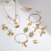 Bijoux Océaniques en Acier Inoxydable : Collier, Bracelet, Boucles d'Oreilles et Bague Tortue, Crabe, Hippocampe, Étoile de Mer, Coquillage – Étanche, Cadeau Idéal pour Femme, Plage