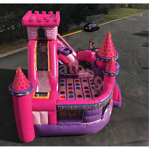 טירה מתנפחת מסחרית מ-PVC בצבע ורוד נסיכותי עם מגלשה, משולבת קפיצה ומשחקים לילדים - Product Image 4