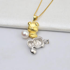 Pendentif en argent S925 signe du zodiaque cochon pour femme, 7-9 mm, pour bijoux en perles DIY, avec placage or, accessoires de support vides, tendance 595 - Product Image 3