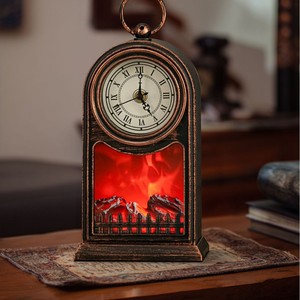 LED Flame <b>Fireplace</b> Clock Table Lamp Gold <b>Black</b> 5W Decor - Product Image 2