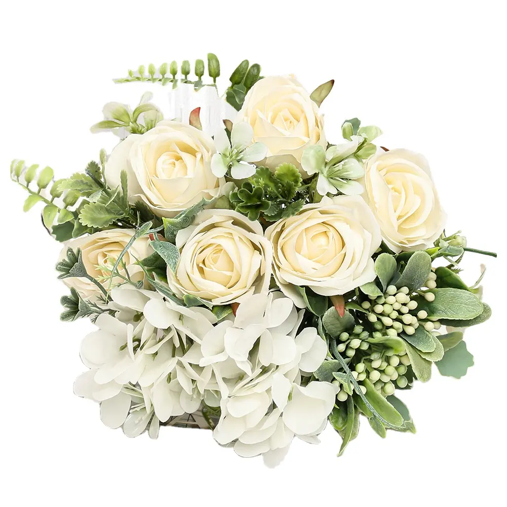 SEASON Wholesale Rose Hydrangea White Flowers Bouquet Wedding Decoration Artificial Flower in Bulk Silk Flower Bush