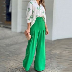 Ensemble chemise décontractée et pantalon taille haute, ensemble deux pièces grande taille, vêtements pour femmes, costume <span class=keywords><strong>vert</strong></span> émeraude - Product Image 3
