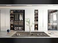 Armoire ouverte moderne et minimaliste avec porte de dressing, rangement ouvert, gris et blanc avec accents en bois, design multi-zones