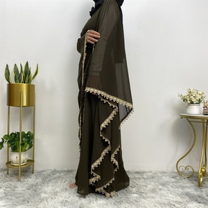 6529# Fashion Muslim <b>Islamic</b> Abaya Big Batwing Gold Lace Sleeves Middle With Lining Breathable Chiffon Ramadan EID Dress - Product Image 4