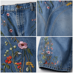 Jeans Vintage con Ricami Botanici a Gamba Larga per Donna, Pantaloni in <span class=keywords><strong>Denim</strong></span> con Cuciture Curve, Blu Scuro e Blu Chiaro - Product Image 5