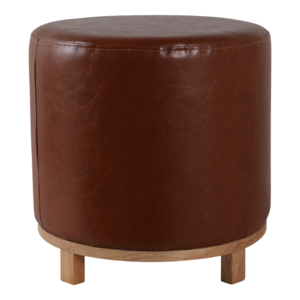 Pouf ottoman rond moderne en similicuir marron avec pieds en bois, repose-pieds, tabouret, meuble de décoration pour chambre et salon - Product Image 3